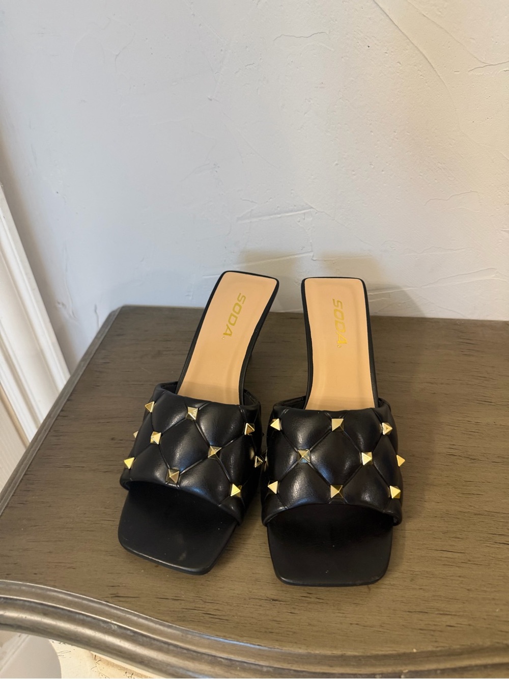 Soda Black Quilted Slide Mules with Gold Studs